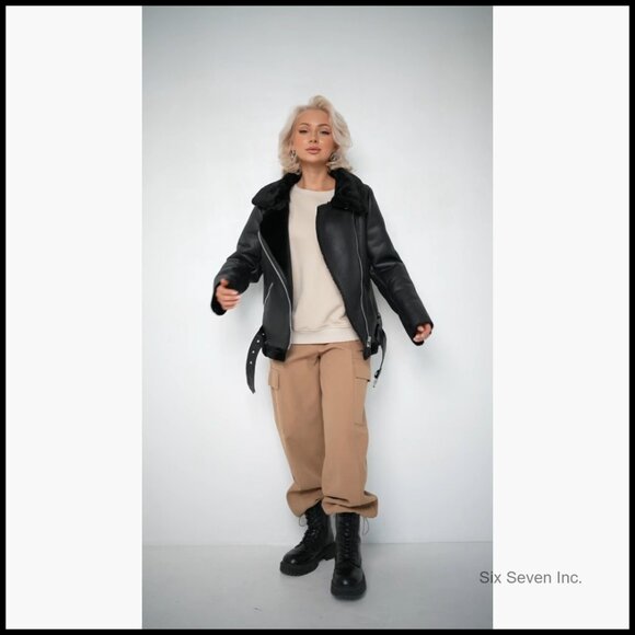 Faux Suede Faux Shearling Moto Jacket Winter Parka Coat - Picture 7 of 7